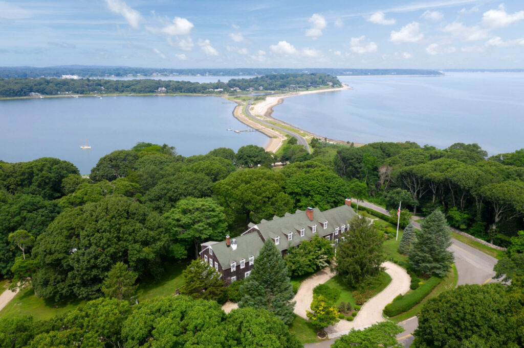 Aerial view of Rams Head Inn — a captivating Shelter Island hotel with breathtaking views.