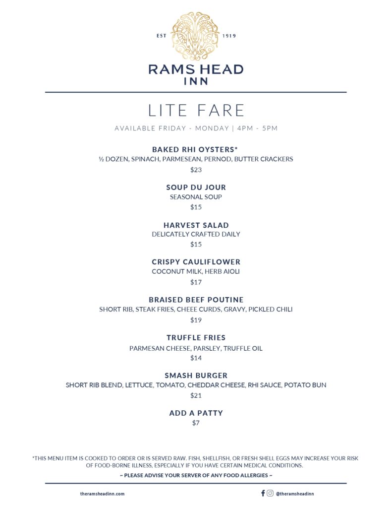 The Rams Head Inn restaurant's Lite Fare menu.