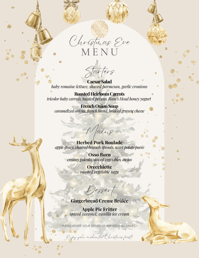 Elegant Christmas Eve menu at Rams Head Inn's restaurant in Shelter Island, New York.